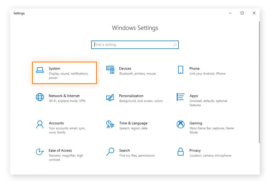 Opening the System settings in Windows 10